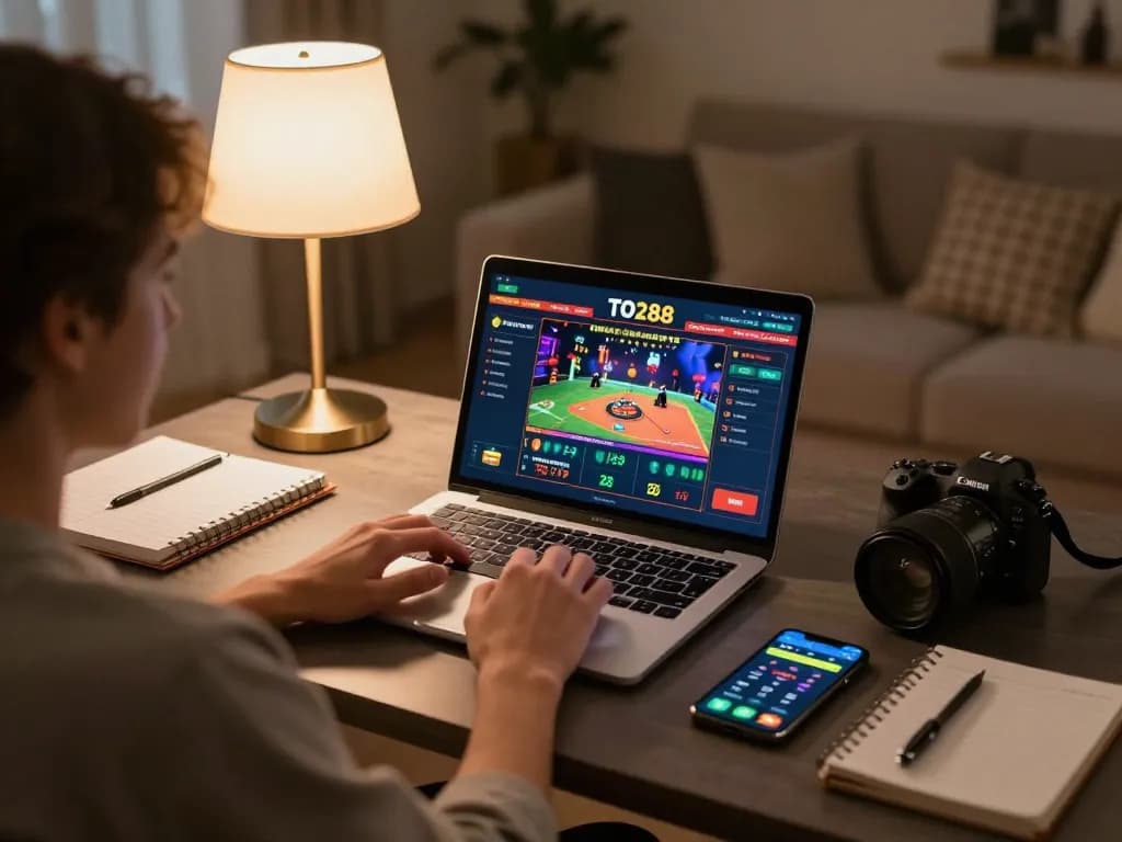 Engaging scene of online player utilizing TO288 for strategic gaming, cozy home setting