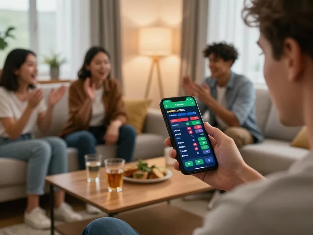 GO8 player betting on sports using a smartphone in a cozy living room setting