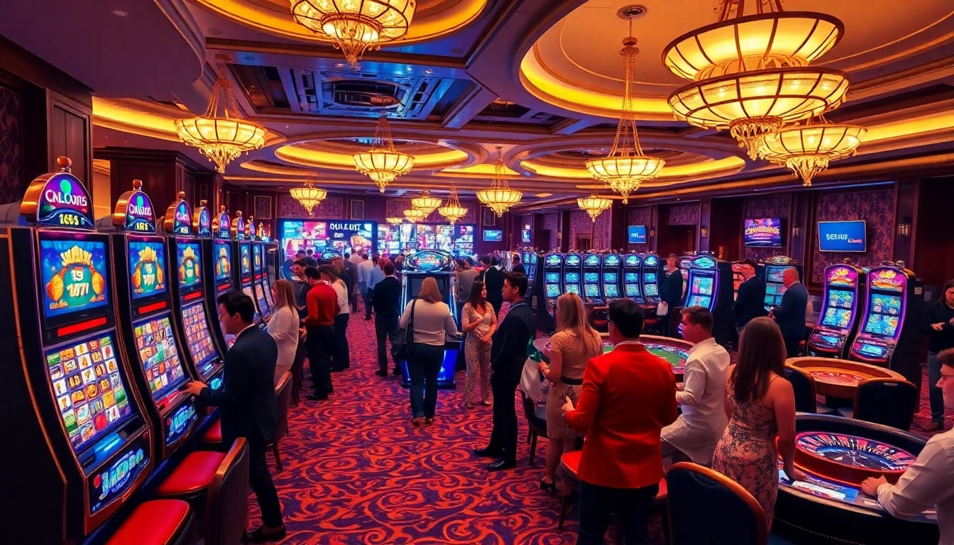Engaged gamblers enjoying slot88 machines in a luxurious casino setting.