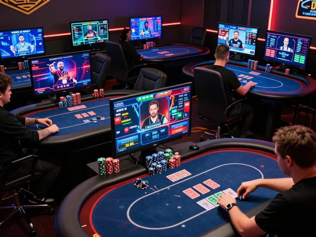 Pemain yang terlibat berstrategi selama turnamen poker online pakibanks dengan layar yang cerah dan chip