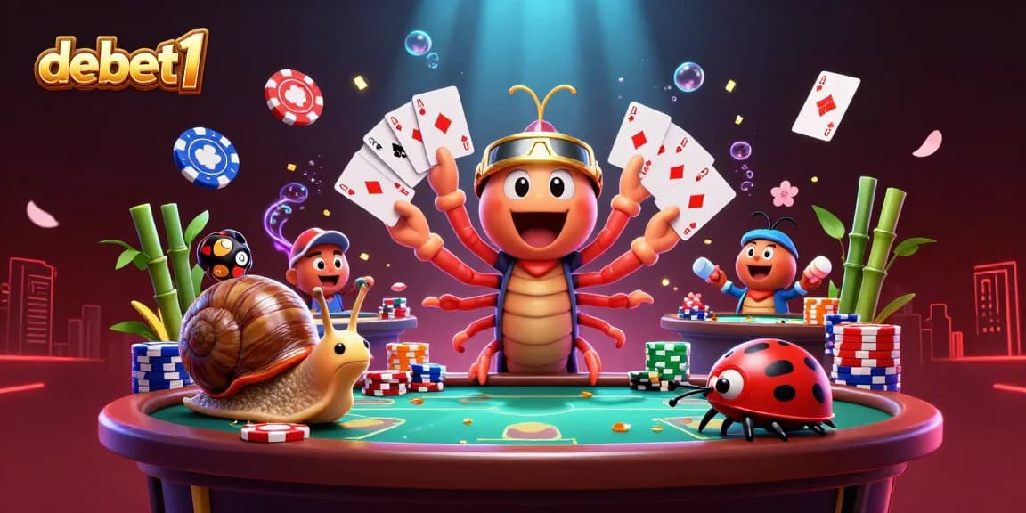 Engage in thrilling poker action with debet1 as a millipede dealer showcases cards amidst vibrant casino décor.