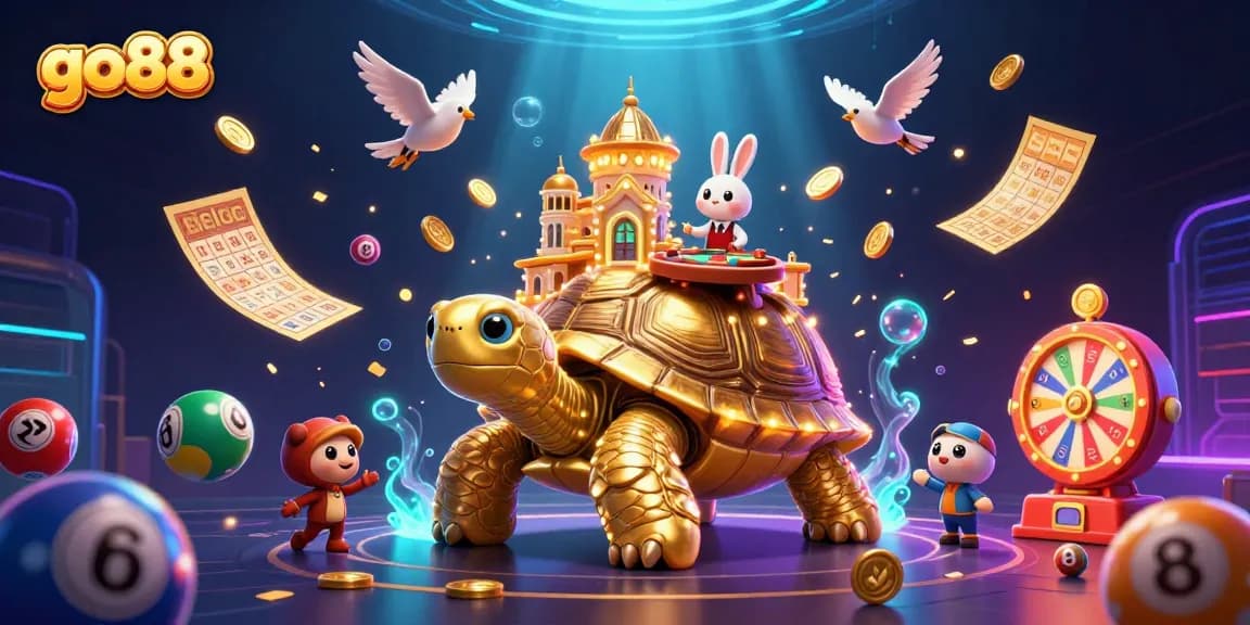 Engage with go88’s dazzling online casino features in an ultra-detailed illustration showcasing a giant tortoise casino.