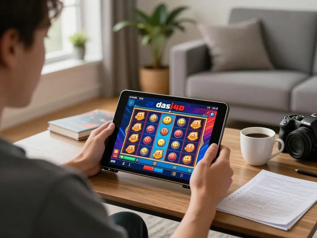 Memainkan dasi4d slot di tablet di ruang tamu yang nyaman dengan catatan strategi permainan