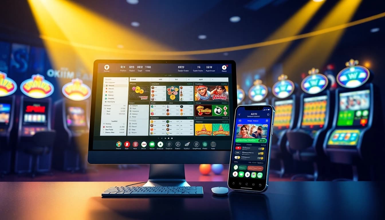 Interactive online gambling interface showcasing OKATM's vibrant design with games and security features.