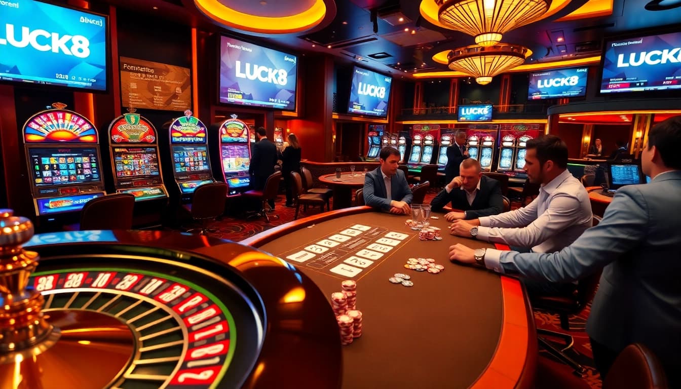 Experience LUCK8's thrilling gaming atmosphere with vibrant casino elements and engaging tables.