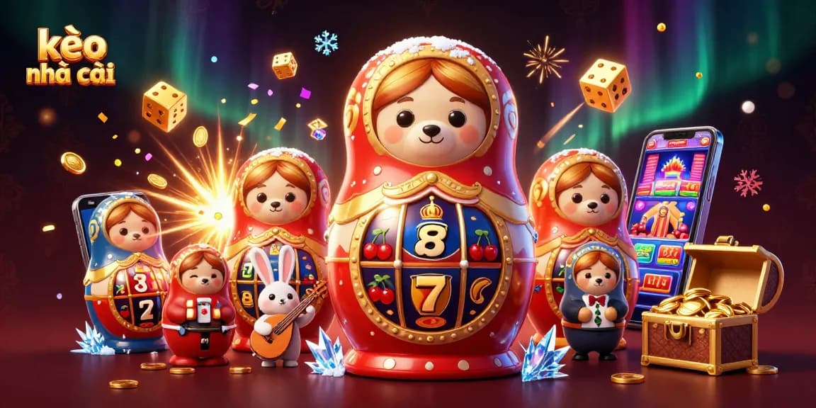 Engage with kèo nhà cái through a vibrant 3D scene of casino elements and joyful characters.