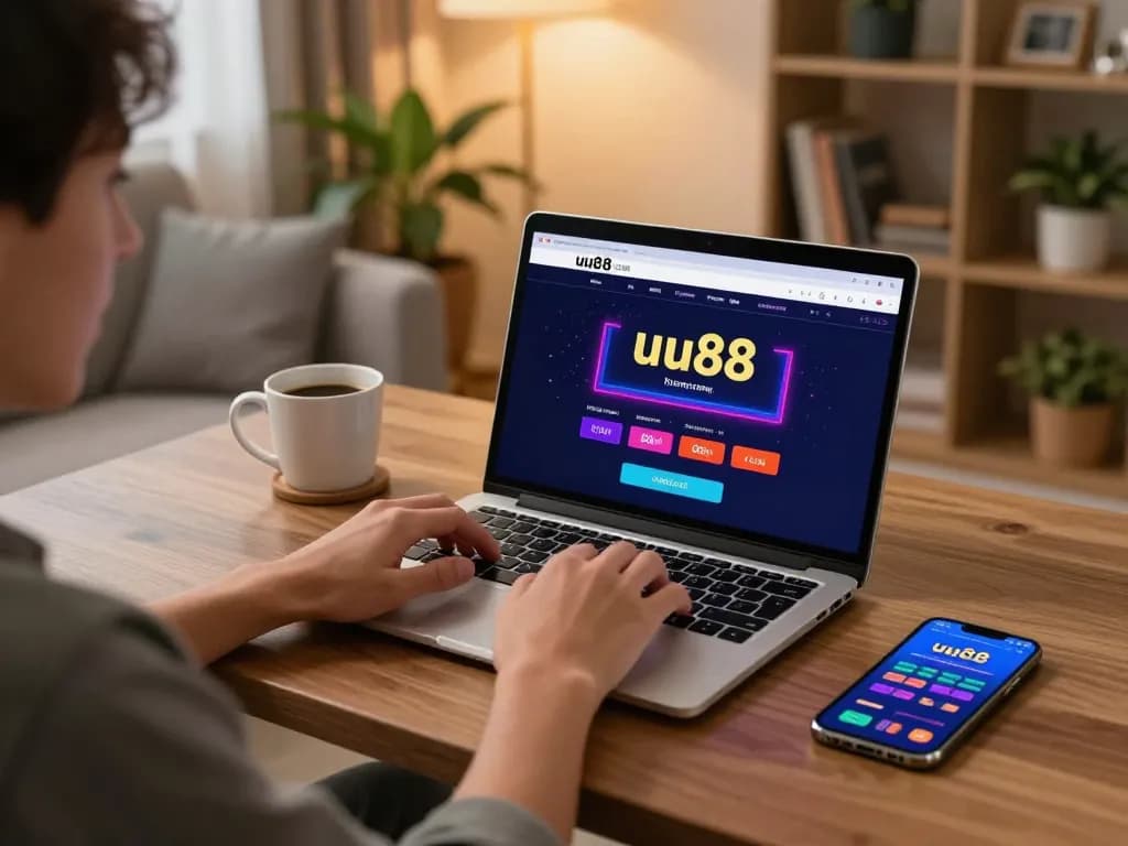 Engaged player using uu88 on a laptop at home, showcasing a casual online gambling setup.