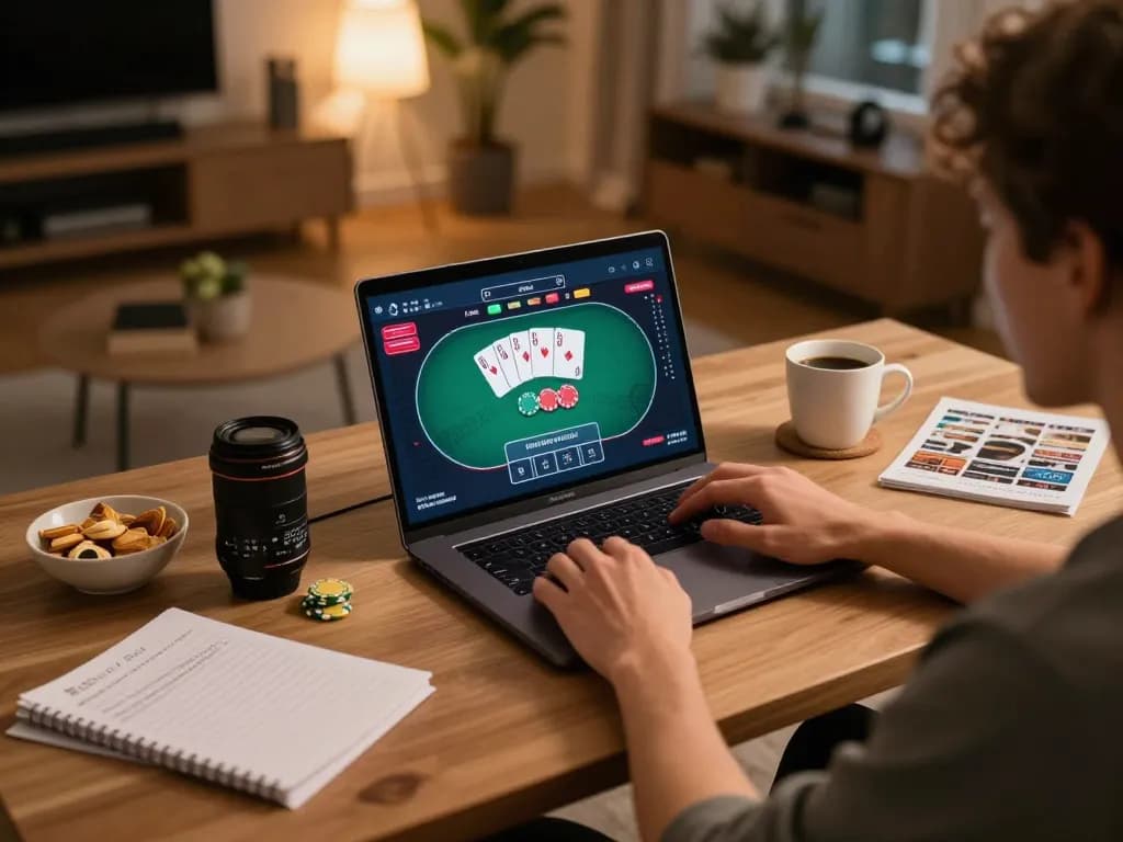 Engaging gameplay on mm88bet platform with poker game interface in a cozy home setting