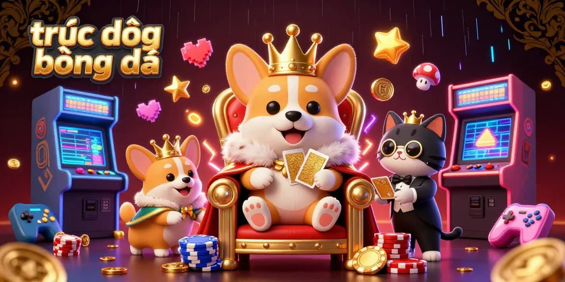 Bet on trực tiếp bóng đá with the royal corgi and a cat butler in a vibrant casino scene.