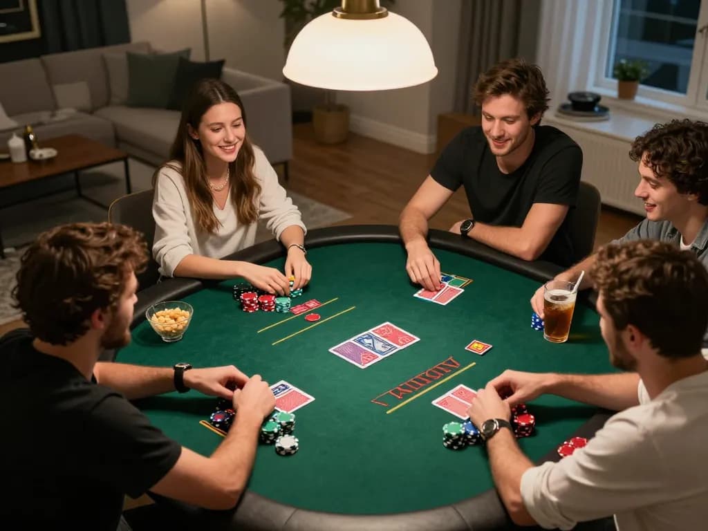 Engaging poker game night with friends at home, okking nhà cái, lively atmosphere and strategic gameplay