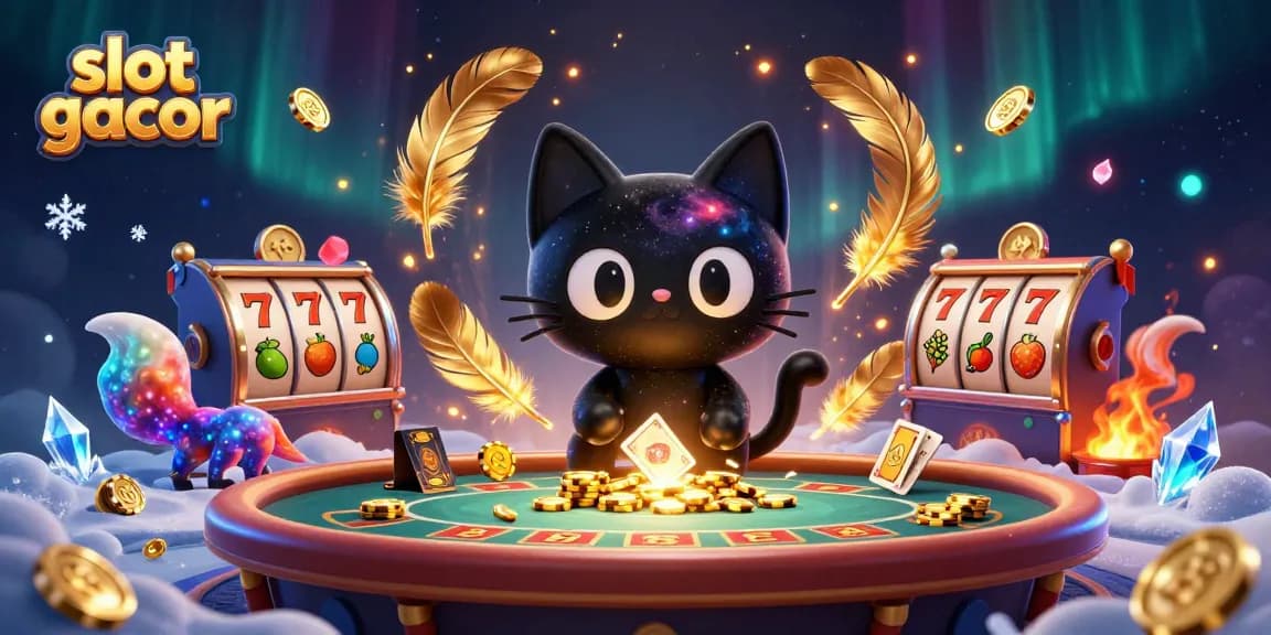 Slot gacor menghadirkan ilustrasi bertema kasino 3D dengan kucing hitam dan nebula rubah menarik chip emas.