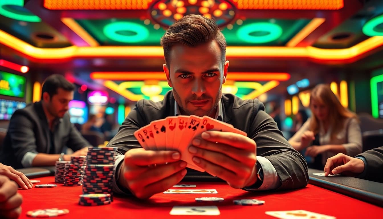 Link Alternatif SBOBET di meja poker dengan pemain berkonsentrasi di latar belakang mewah.