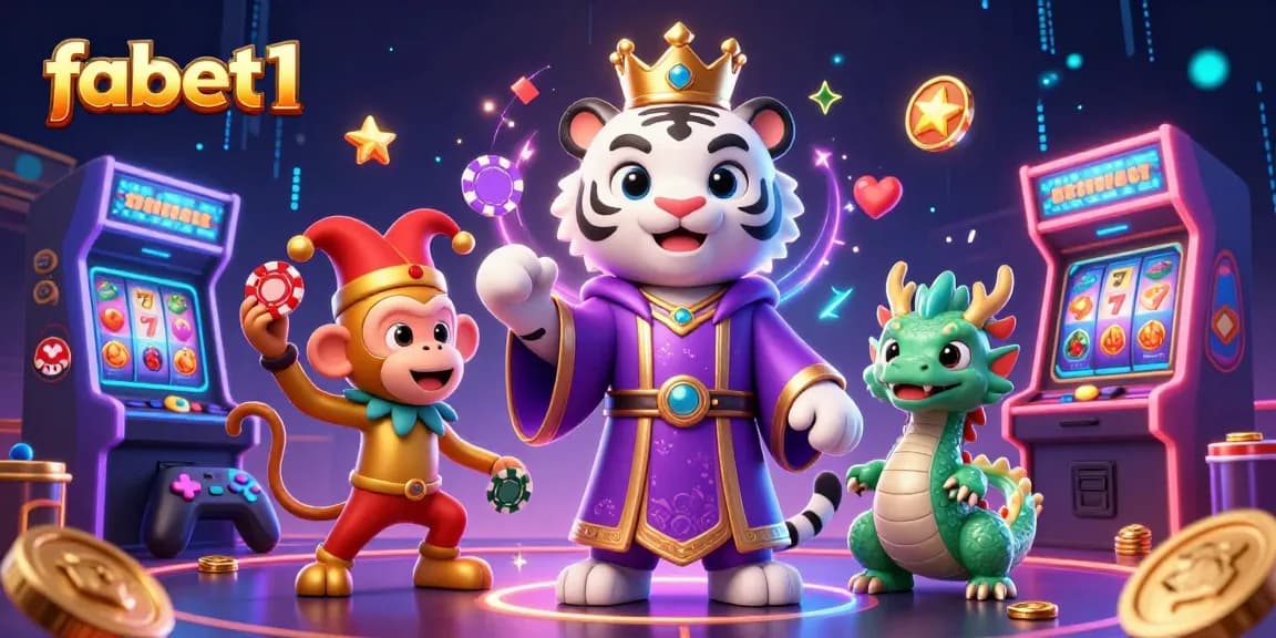 Experience fabet1 with this vibrant casino-themed illustration showcasing a white tiger, golden monkey, and jade dragon.