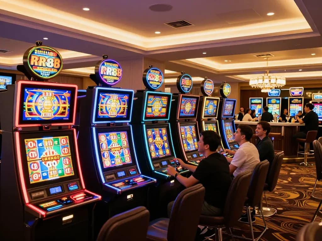 Players enjoying colorful slot machines at RR88 casino, celebrating wins in a vibrant atmosphere.