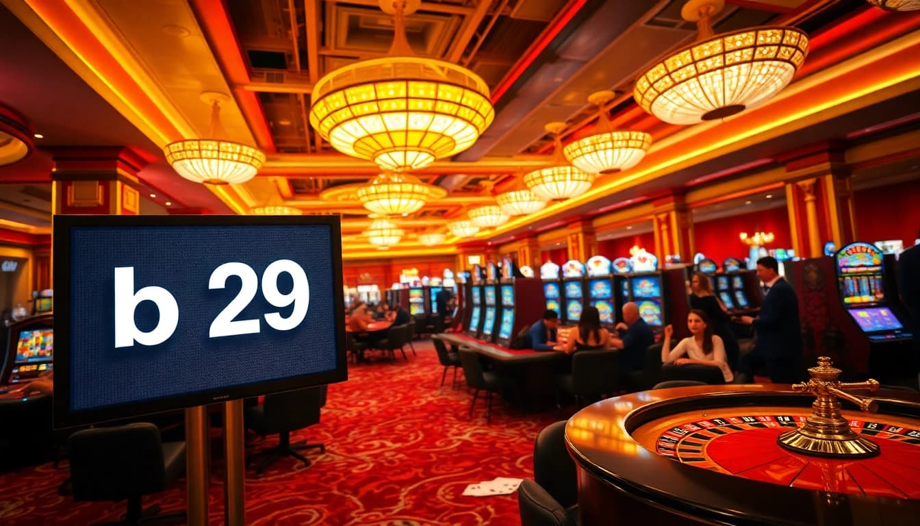 Experience the excitement of b29 at a vibrant casino filled with players and roulette tables.