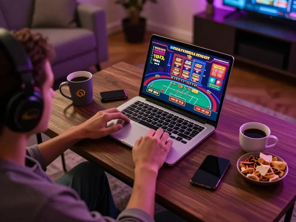 Player engaging with casino games on laptop at home, highlighting sky88 online gaming experience.