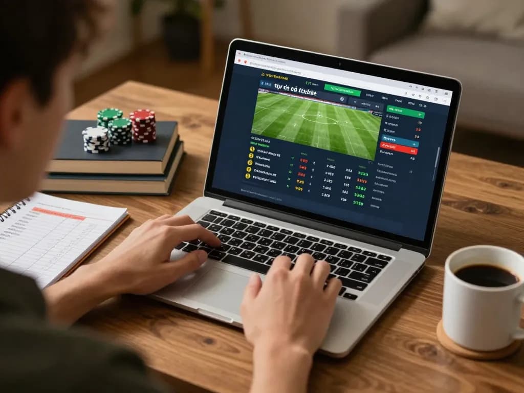 Engaging with tỷ lệ kèo trực tuyến on a laptop during online sports betting session.