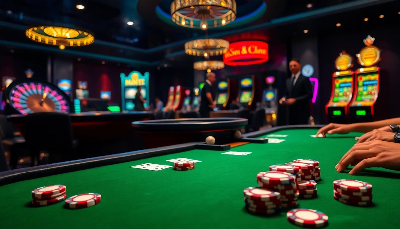 Exciting scene of gamblers engaged in a game at keonhacai5, featuring poker chips and cards.