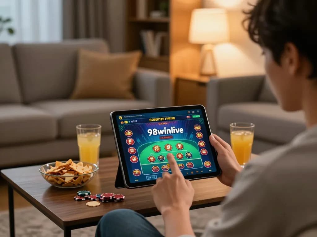 Player placing strategic bets with 98winlive app in a cozy home environment