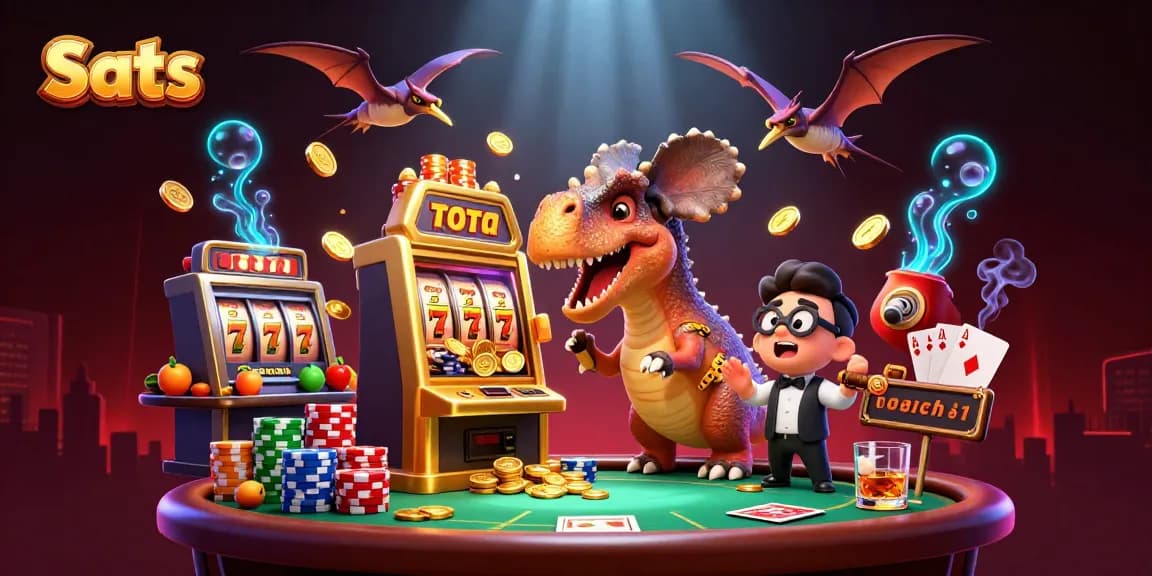Slots in an exciting scene with a dinosaur headbutting a jackpot machine, capturing casino action.