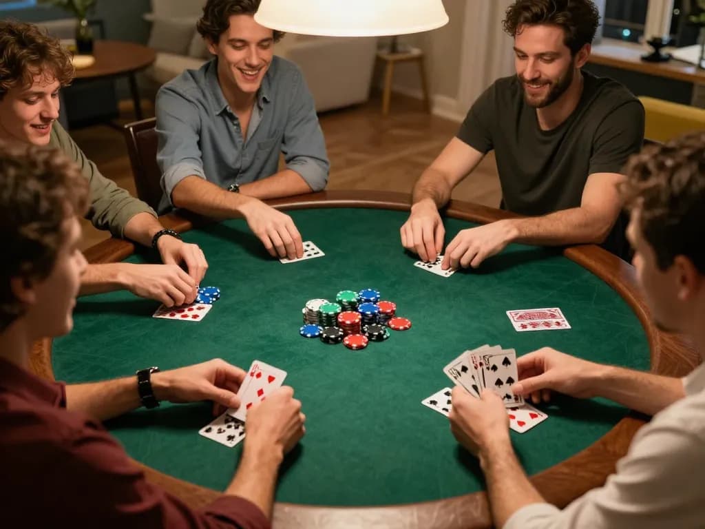 Friends enjoying a poker game at home while using Fokus777 login on their devices for online play.