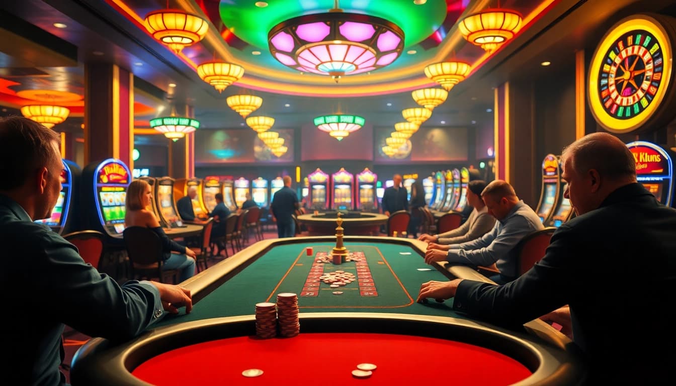 Experience the thrill of Diwa777 with dynamic casino gaming atmosphere featuring excited players.