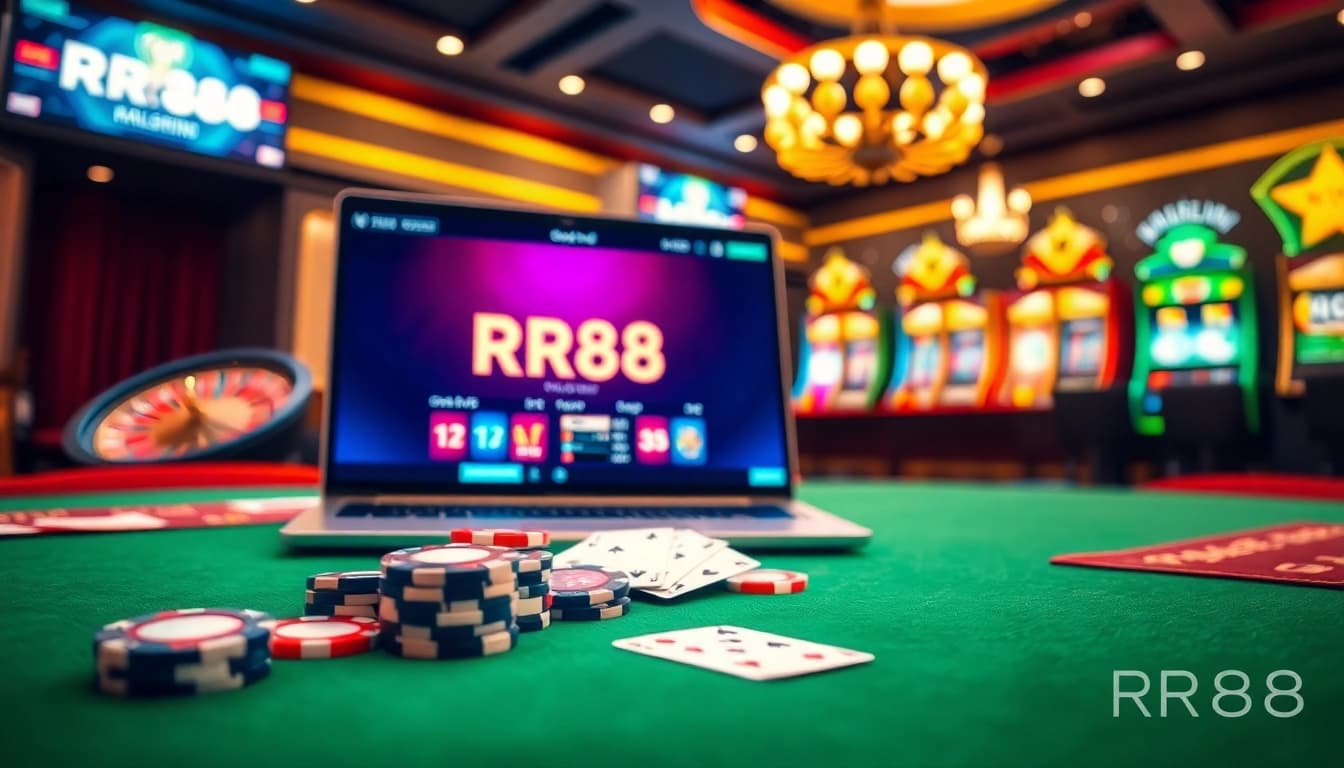 Experience exhilarating gameplay at RR88 with vibrant poker chips and sharp playing cards.