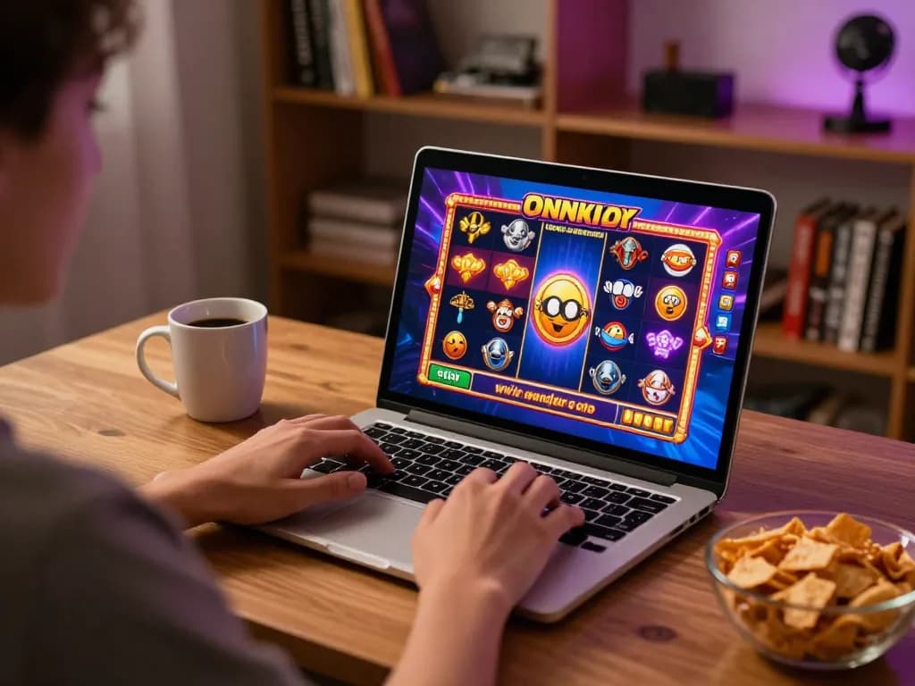 Engaged player experiencing exciting slot online action on a laptop in a cozy home office.