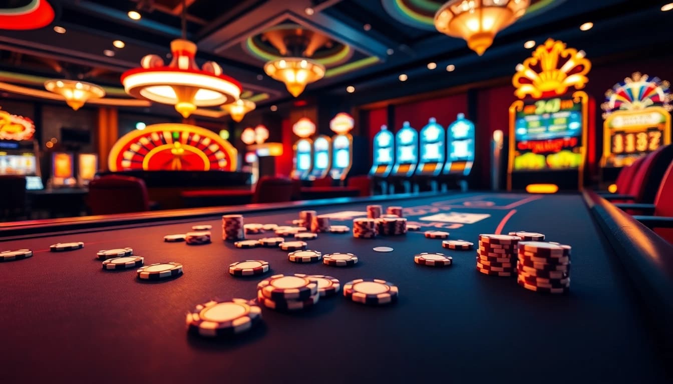 Engaged players at a vibrant casino table, experiencing sepuhplay excitement with poker chips and cards.