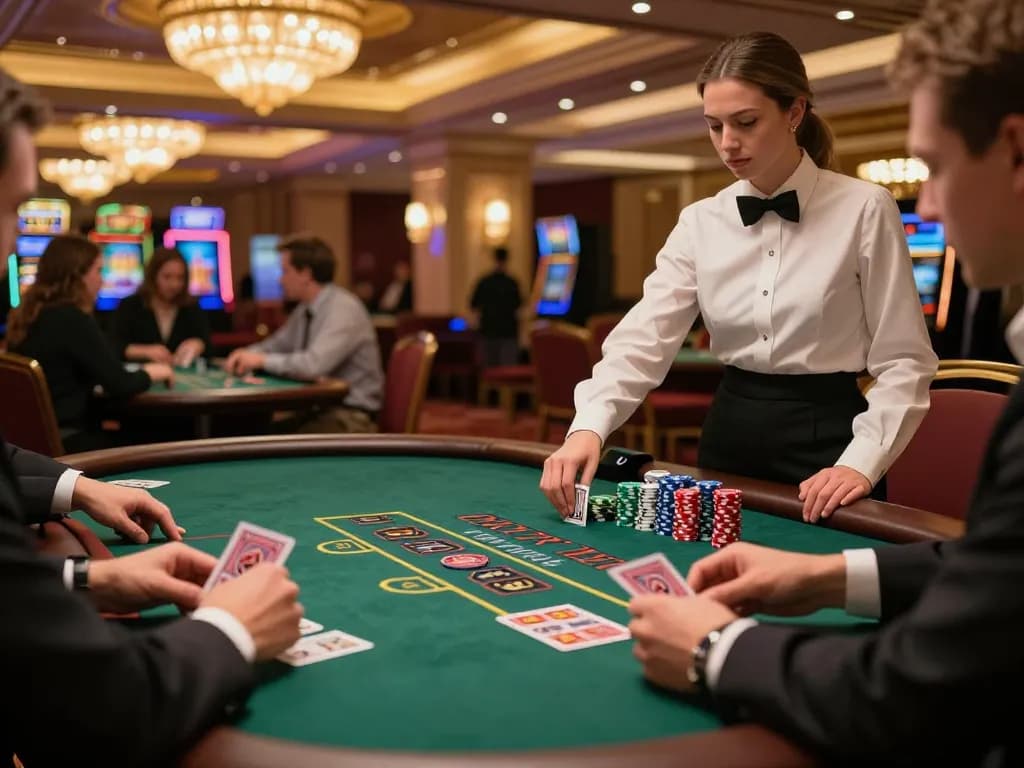 Fabet blackjack table with engaged players and lively dealer managing bets in a luxurious casino.