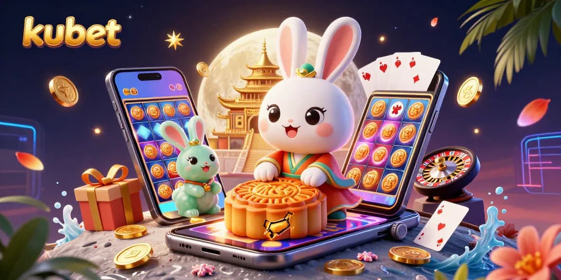 Join the fun at kubet as the moon rabbit reveals hidden poker chips amid vibrant casino elements.
