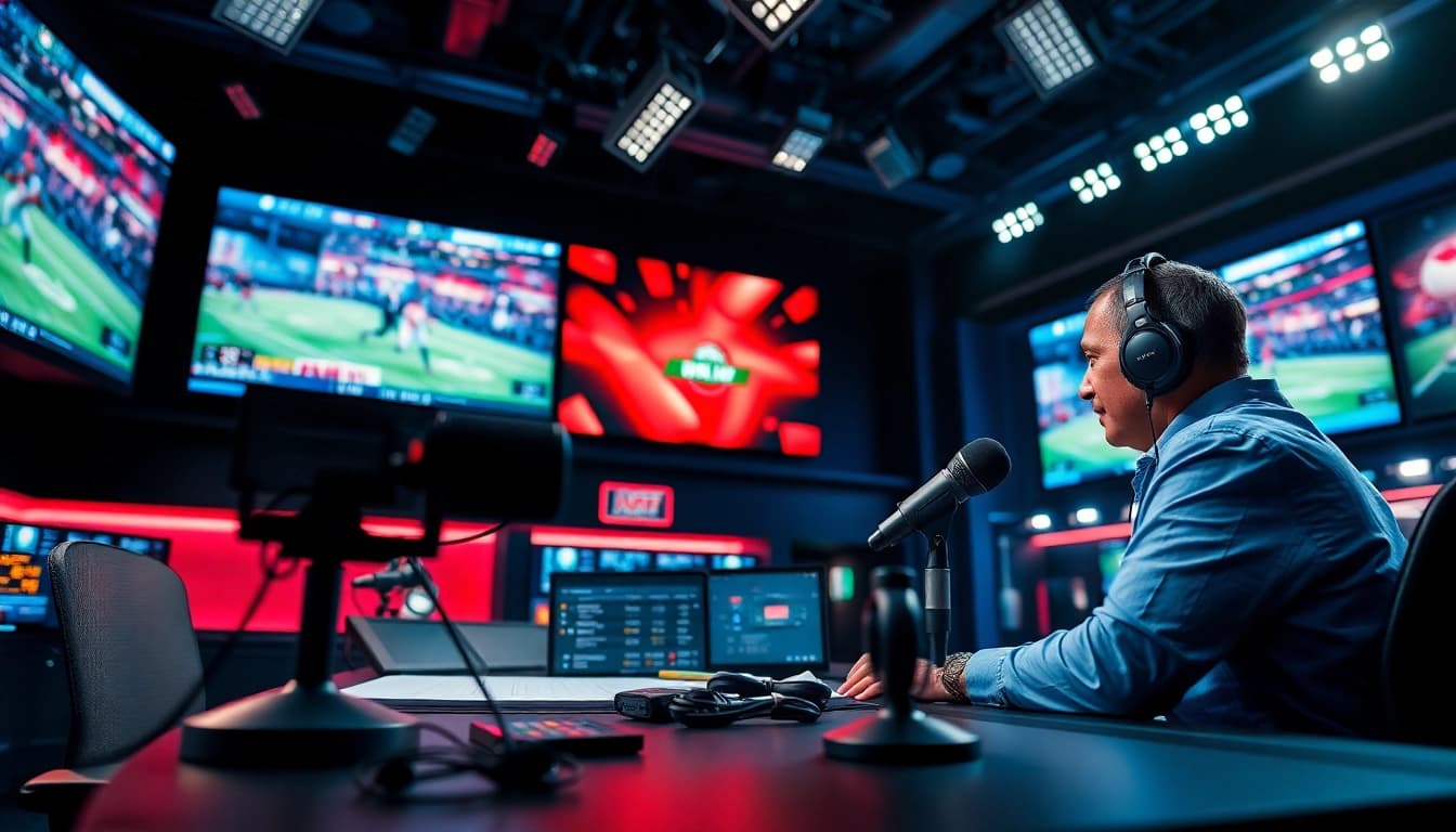 Engaging scene of sports broadcasting with a live commentator, showcasing dynamic technology.