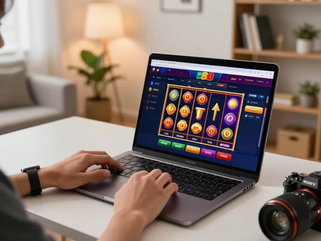 Engaging with slot88 resmi online slot interface on a sleek laptop for an immersive gaming experience
