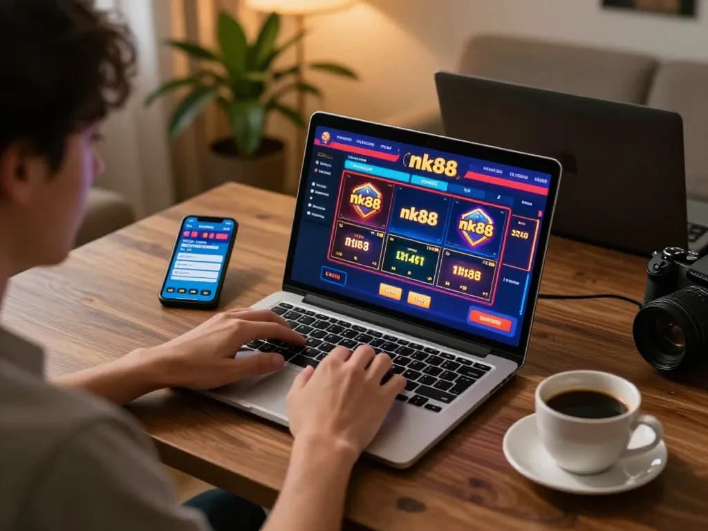 Engaging nk88 online casino gameplay on a laptop in a cozy home setup, highlighting modern betting experience.