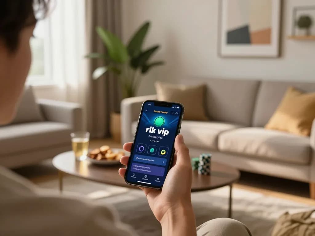 Engaging with the rik vip gaming app in a stylish home setting, showcasing responsible gaming.