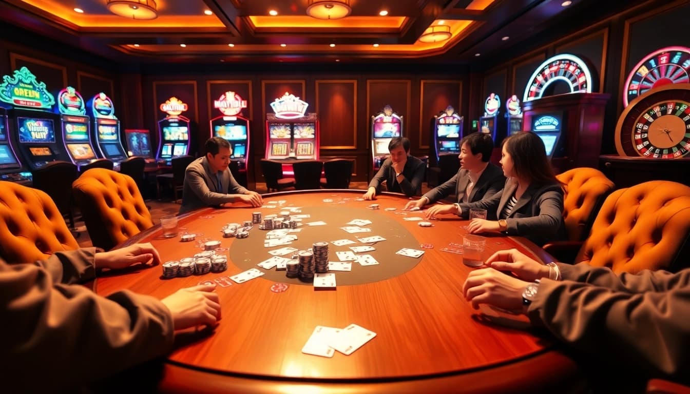 Excited gamblers enjoy poker at a luxurious casino inspired by https://xx88.video/'s vibrant atmosphere.