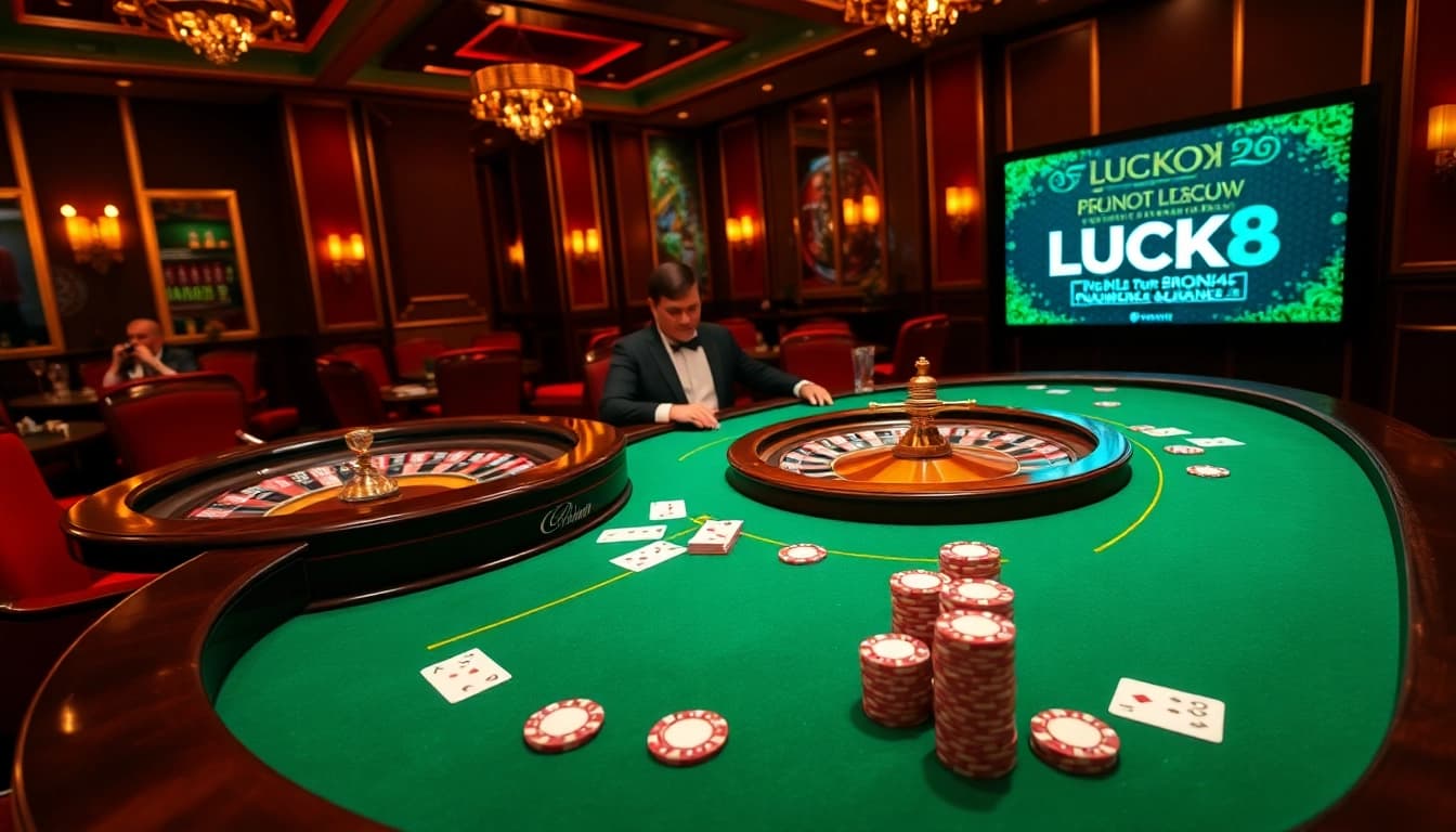 LUCK8 casino table featuring vibrant poker chips and playing cards in an elegant gambling setting.