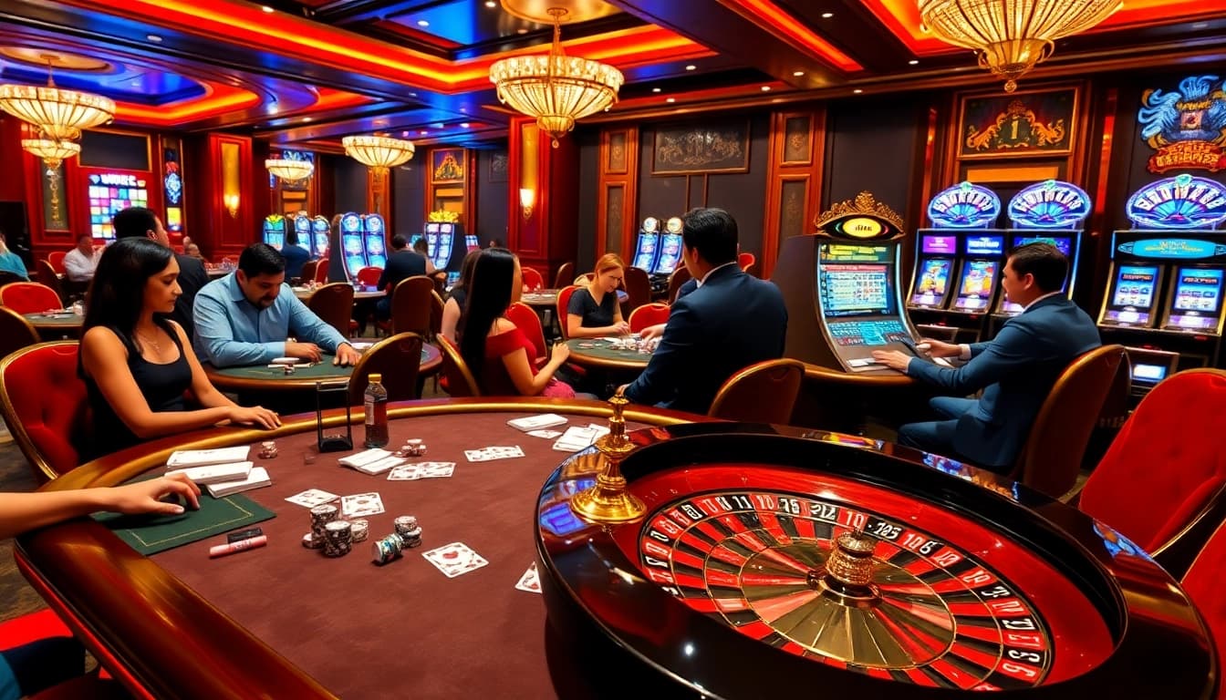 Engaged players enjoy an exciting game at https://kuwinblog.com/ casino, featuring vibrant roulette and poker tables.