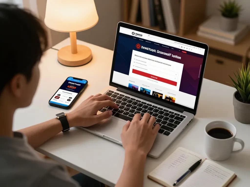 Dewatogel Link Alternatif Login Terbaru - Engaging online gambling setup with laptop and smartphone showcasing betting interface.