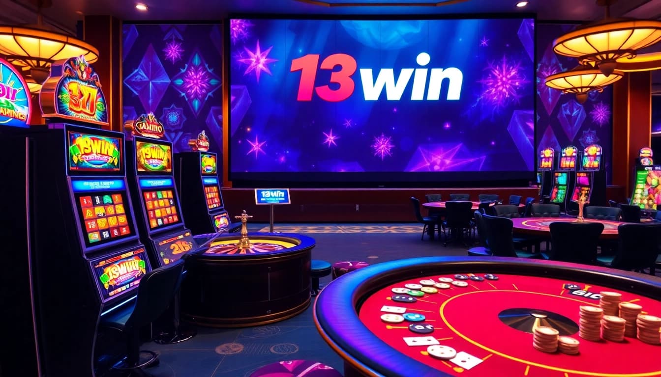 Players enjoying an exciting gaming experience at 13win casino with vibrant slot machines and a roulette wheel.