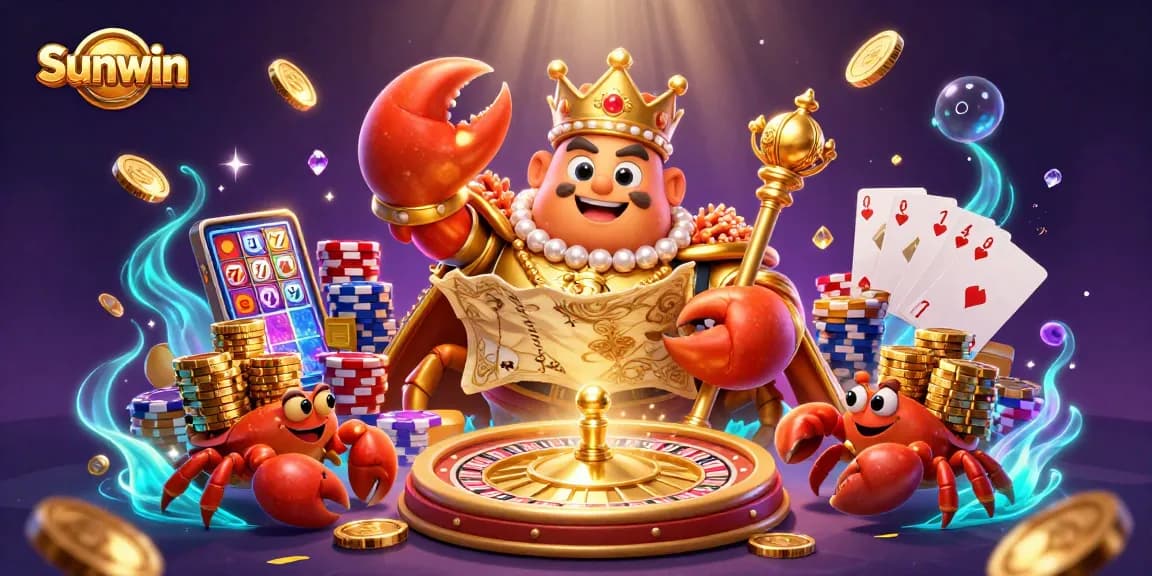 Sunwin casino illustration showcasing a golden crab emperor surrounded by treasures and game elements.