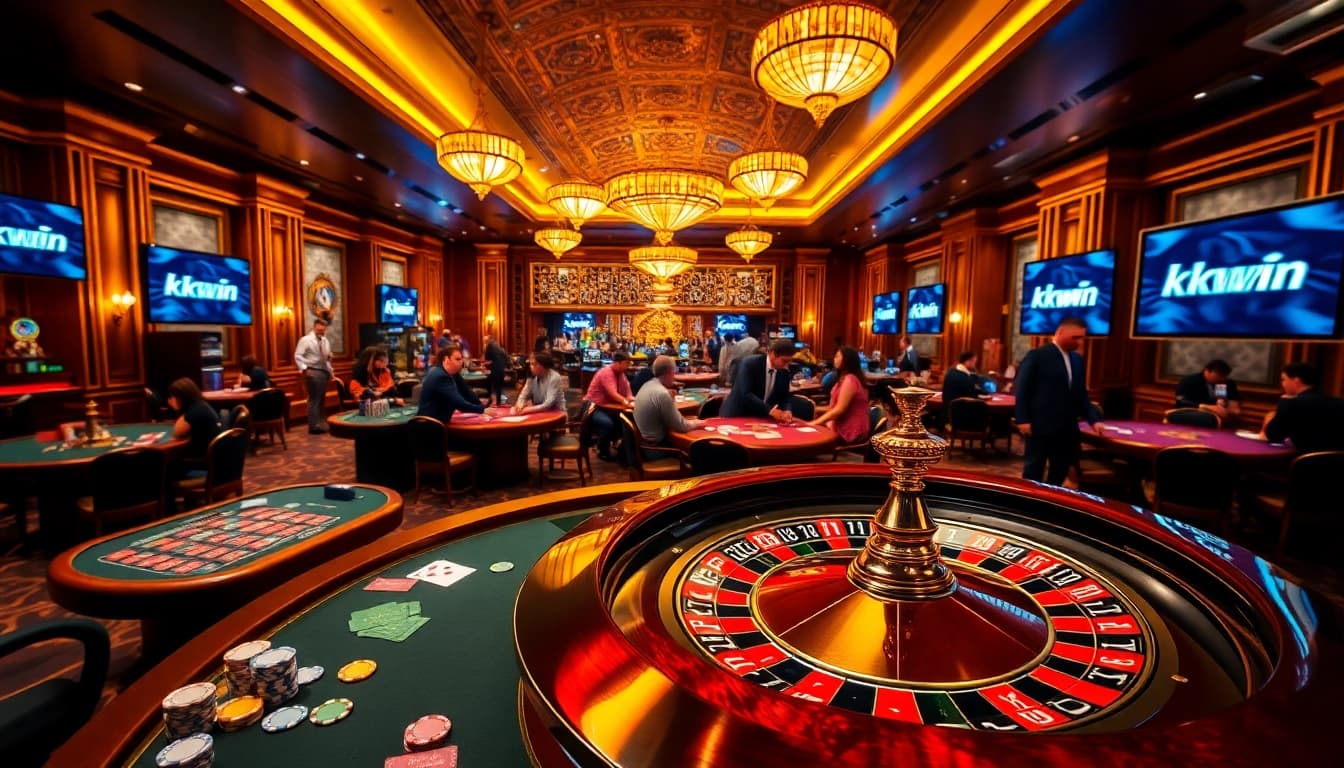 Players excitedly gambling at KKWin's vibrant casino tables with roulette wheels and poker chips.