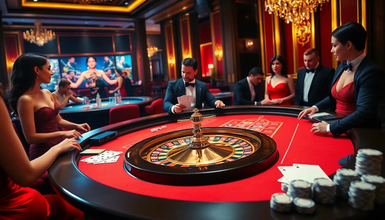 Experience thrilling gameplay at the Evolution Live Casino with a vibrant roulette table and stylish players.