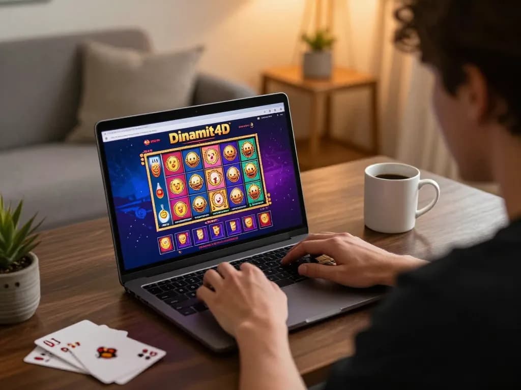 Engaging online casino session with dinamit4d gameplay on a laptop in a cozy home setting.