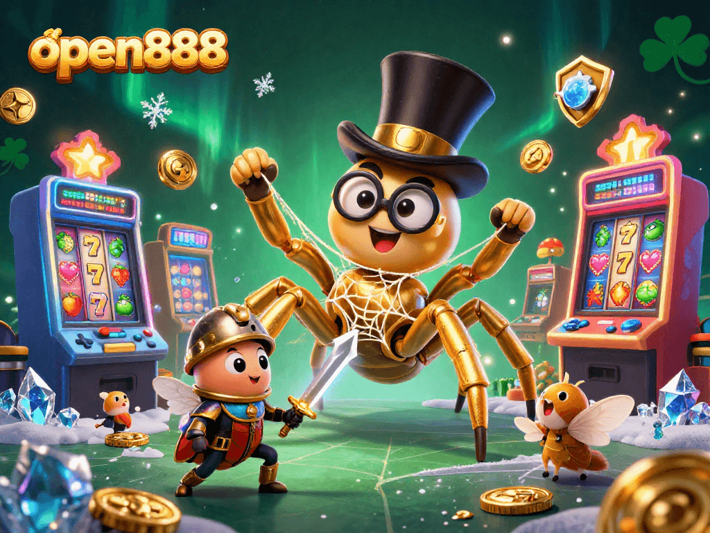 Experience the excitement of open888 with a dynamic scene featuring a golden tarantula and beetle knight in a casino setting.
