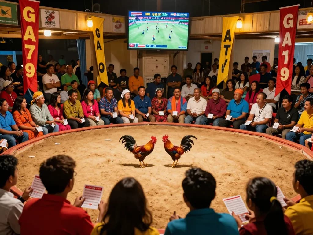Energetic atmosphere at GA179 rooster fighting event, exciting matches and enthusiastic crowd.