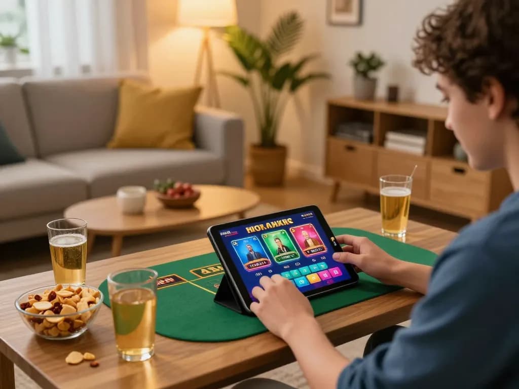 Engaged player spins the reels in ku win online casino on a tablet in a warmly lit living room.
