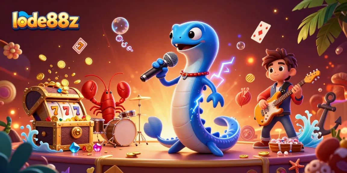 lode88z highlights an underwater DJ stage with animated characters and casino slots in action.