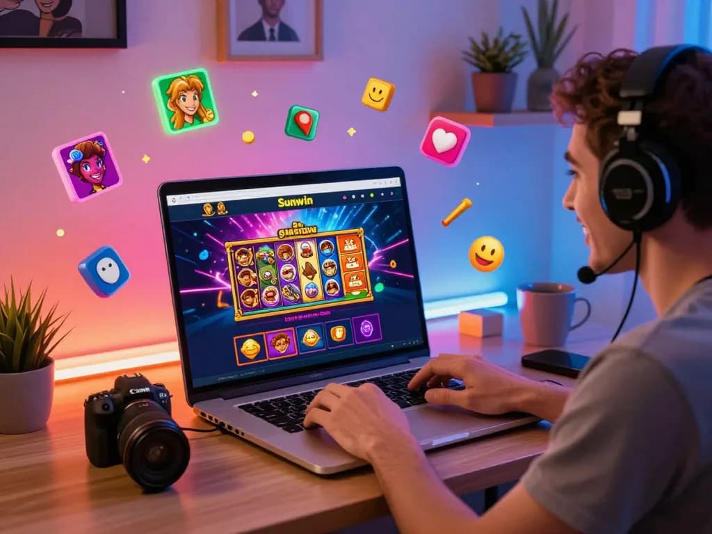 Engaging with the web Sunwin gaming platform on a laptop with vibrant visual effects.