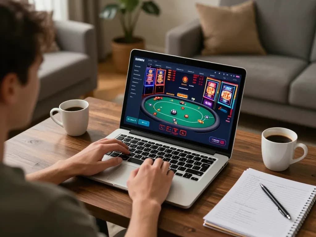 SUNWIN player engaging in strategic online poker session at home with cozy decor